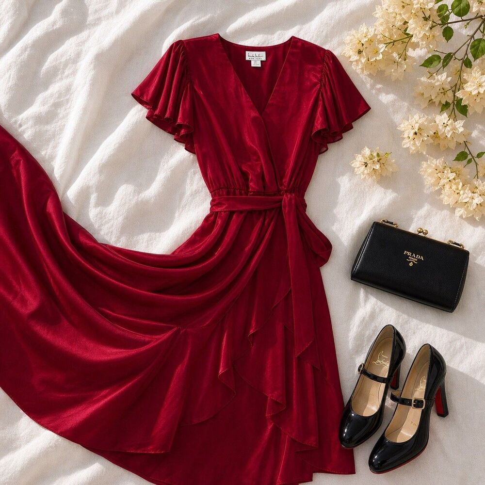 Nicole Miller Red Satin Maxi Dress Wrap Ruffle Flowy Resort Wedding Guest L